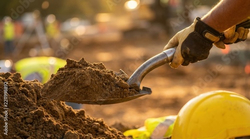 Gloved hands lifting fresh soil with a ceremonial shovel at a railway groundbreaking ceremony.