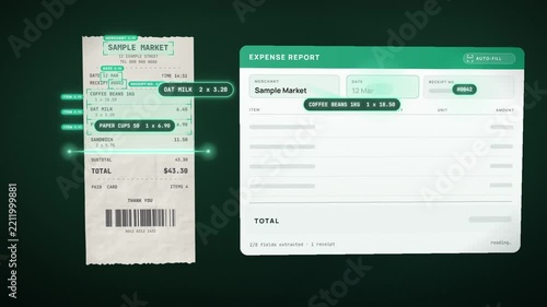 Paper receipt scanned and line items extracted to auto fill an expense report with matching total
