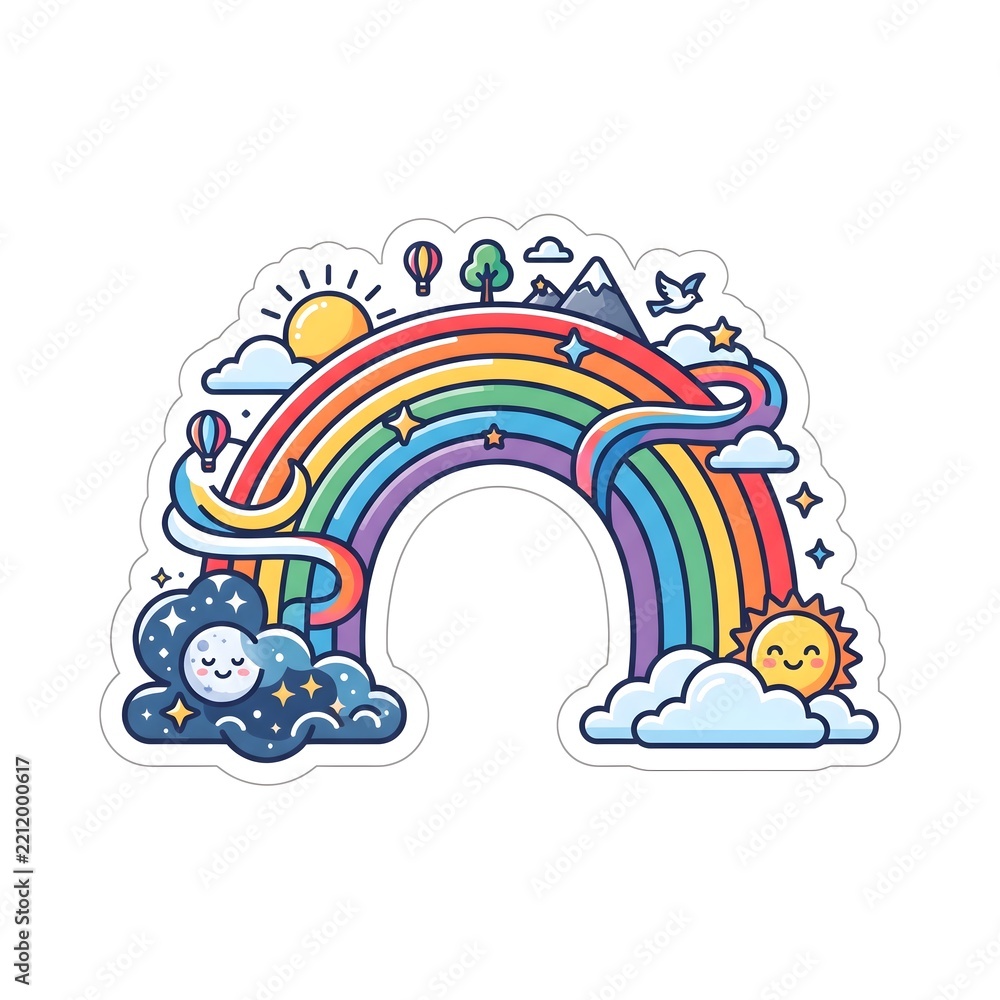 Fototapeta premium Whimsical rainbow with sun clouds and stars sticker, flat vector illustration