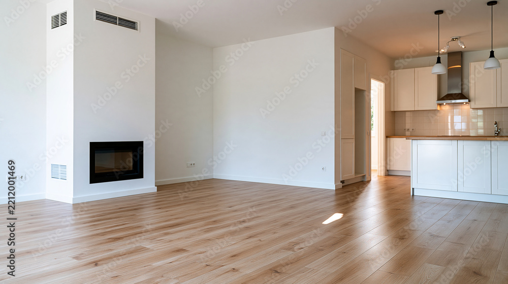 Naklejka premium New and empty house interior with white walls, a fireplace and kitchen countertop, freshly completed and ready to move in, with copy space