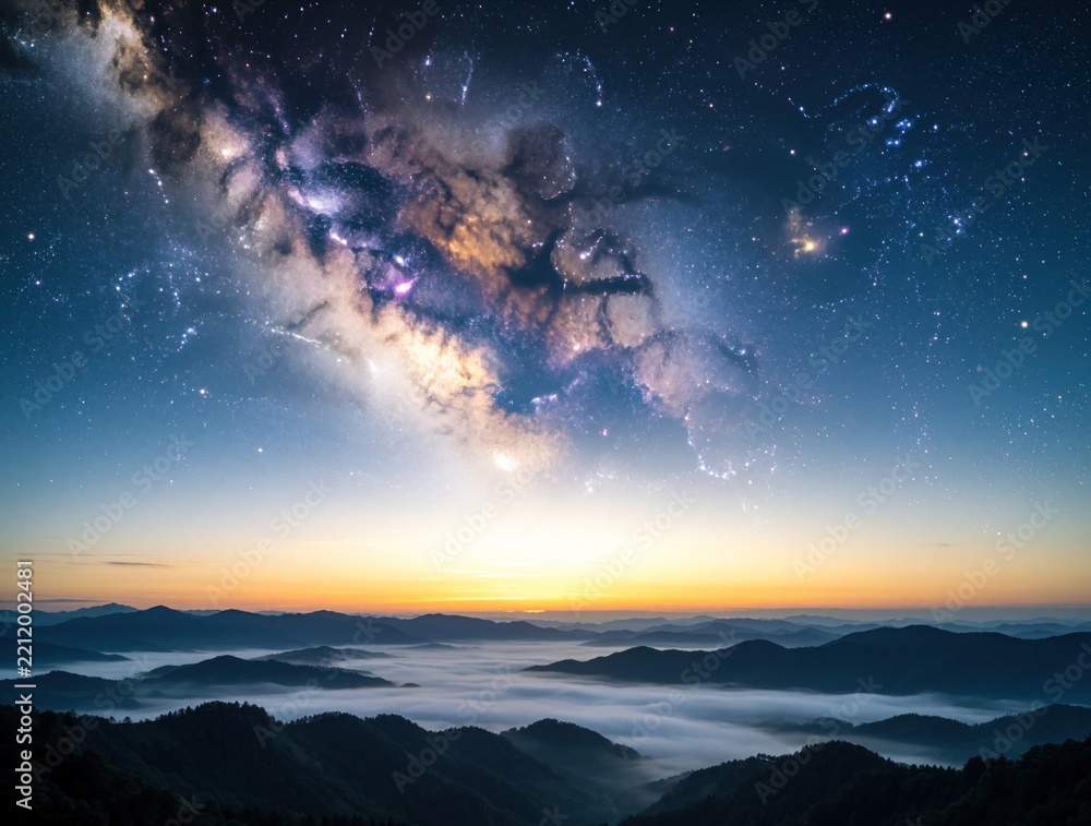 Obraz premium Breathtaking sunrise over misty mountain range with Milky Way galaxy above. Stars, nebula glow in dark night sky over foggy forest hills. Golden dawn light meets cosmic space view during morning