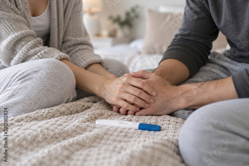Couple holding hands beside pregnancy test during fertility journey