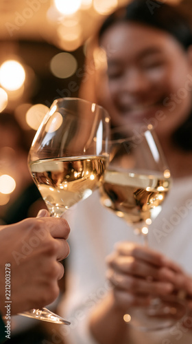 Close-up of faceless women clinking wine glasses together, slightly tipsy and laughing during a festive evening gathering, friends sharing news and celebrating, with copy space
