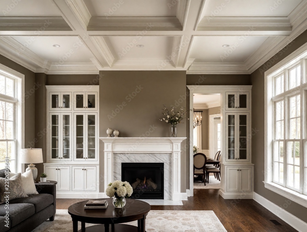 Naklejka premium Elegant living room features white coffered ceiling, built-in cabinetry. Luxury interior with marble fireplace, dark wood floor, comfy sofa. Spacious residential space with large windows, stylish