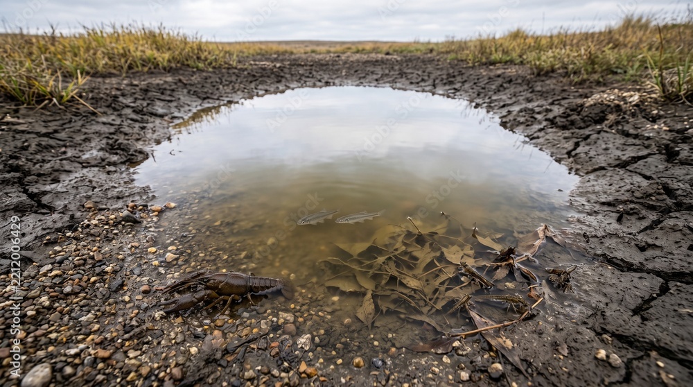Obraz premium Freshwater food web persists in a receding stream pool