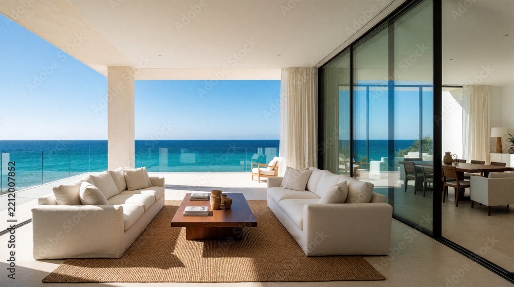 Fototapeta premium Luxury modern living room with large glass doors opens to sea view balcony. Minimalist interior features white sofas, wooden coffee table, beige rug. Bright sunny apartment with panoramic ocean view,