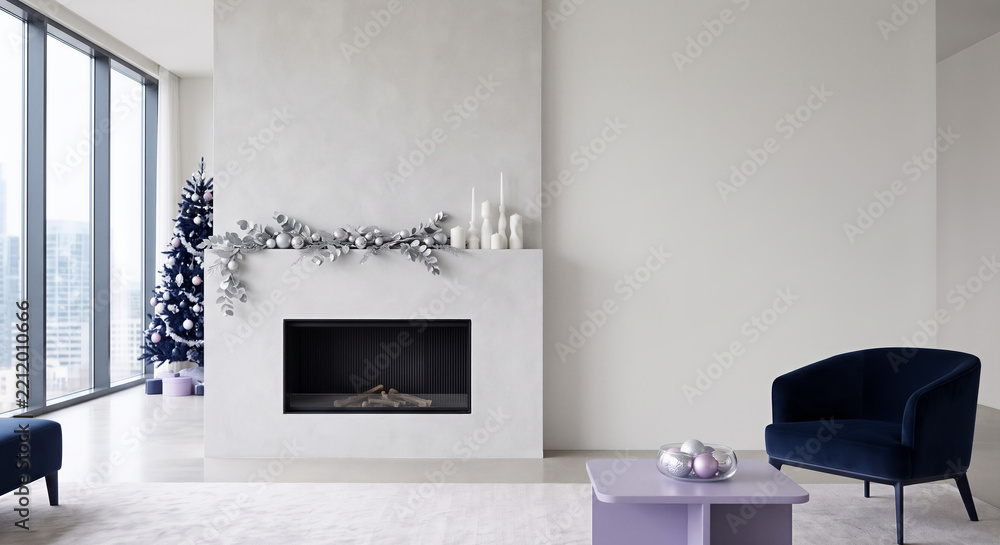 Obraz premium Modern minimalist living room with white fireplace and blue velvet armchair, decorated with silver ornaments and winter tree. Interior design, luxury lifestyle, seasonal decor.