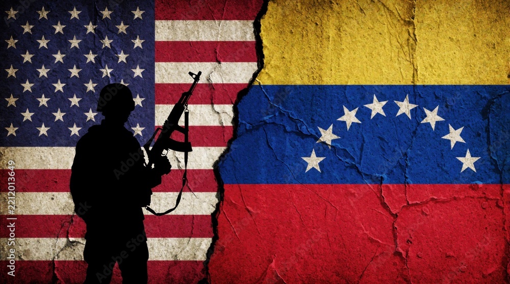 Obraz premium US, Venezuela flags split by crack with armed soldier silhouette. Military man holds rifle against background of divided nations. Symbol of political conflict, geopolitical crisis, war threat,