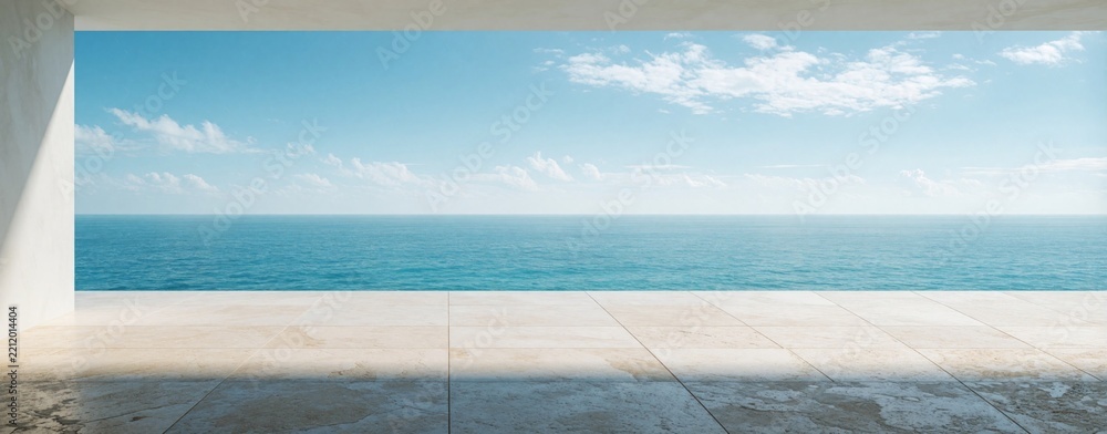Fototapeta premium Empty luxury terrace with stone floor overlooks vast blue ocean. Modern balcony with wide view of sea, sky. Peaceful waterfront patio provides perfect place for relaxation, holiday. Minimalist