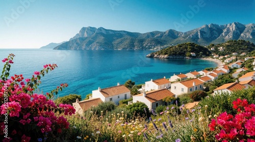 Coastal landscape with pink bougainvillea flowers in foreground. White houses with orange roofs sit on green hill overlooking blue sea. Distant mountains rise above turquoise water under clear sky.