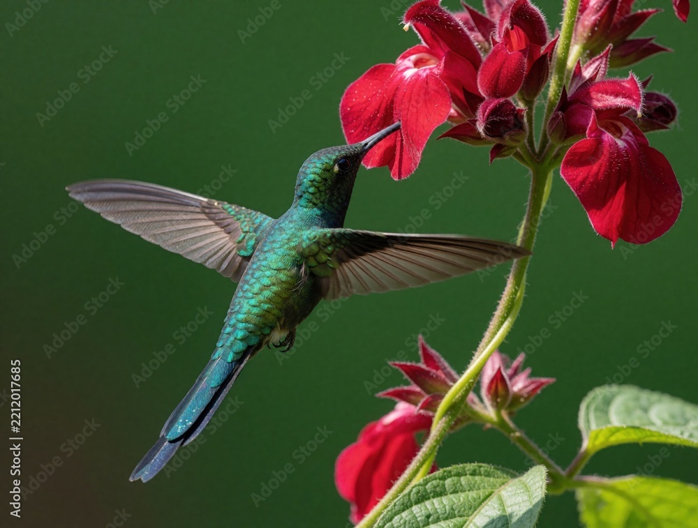 Naklejka premium Green hummingbird hovers near red flower. Small tropical bird feeds on nectar from blossom in rainforest. Iridescent plumage, long tail visible as avian wildlife hunts food in wild jungle garden with
