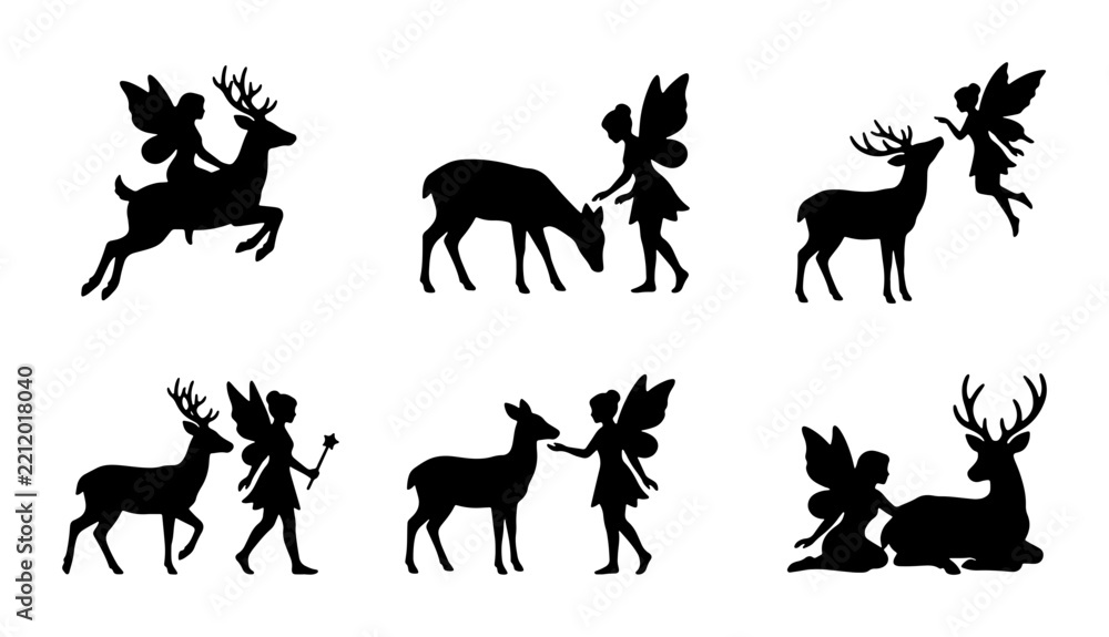 Fototapeta premium Fairy and deer silhouettes set with magical creatures and forest animals for fantasy themes