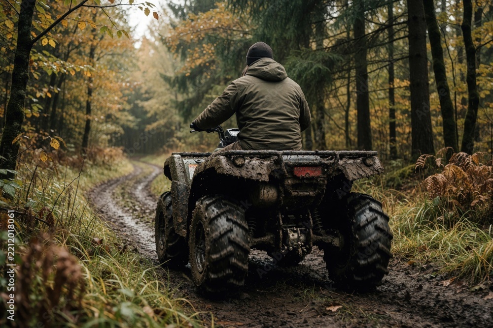 Fototapeta premium Man rides muddy quad bike on forest trail. Adult male drives four wheeler through dirty path in autumn woods. Lone driver travels on off road vehicle in dense trees during fall season. Outdoor