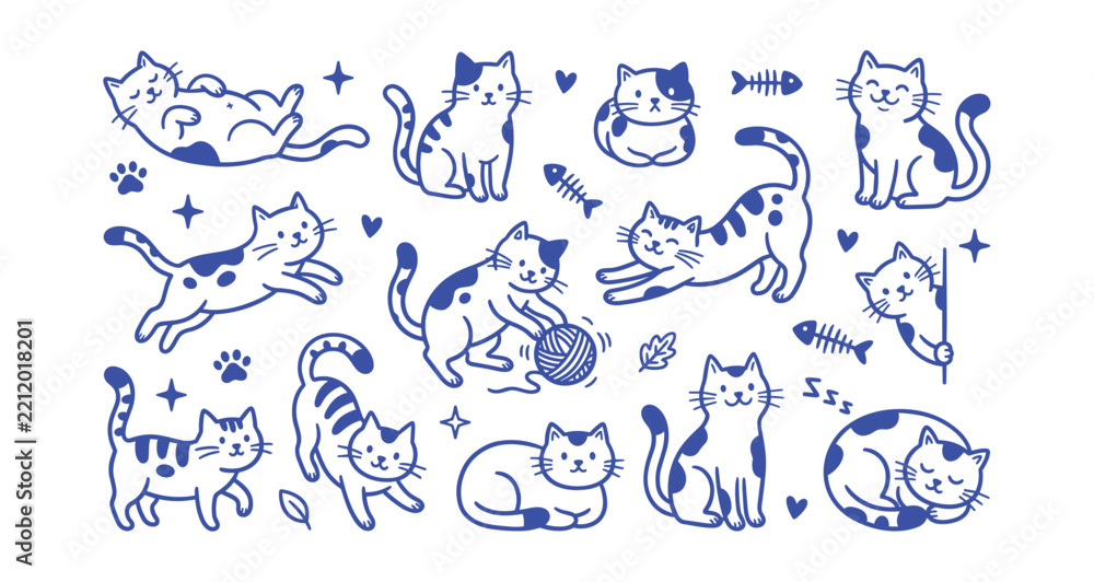 Fototapeta premium Collection of hand drawn feline illustrations in a blue line style against a white background cats kitten kitty animals pets domestic mammal creature hand drawn sketch