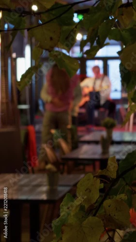 Blurred live music performance in cozy restaurant framed by leafy foreground at night