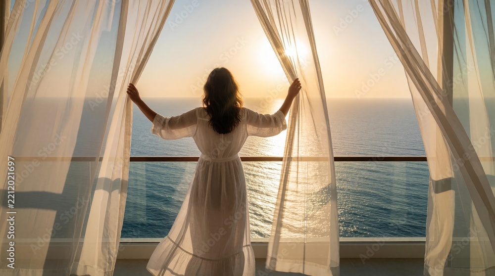 Fototapeta premium Rear view of woman in white dress opening sheer curtains on hotel balcony. Young female traveler looks at beautiful sea panorama during sunrise. Peaceful morning view of calm ocean waves, golden sun