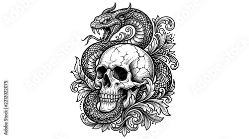 Dragon Snake Coiled Around Cracked Skull with Ornate Swirls