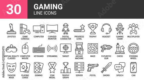 Set of 30 Gaming Line Icons for Video Game Design and Digital Entertainment