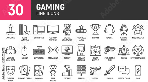 Set of 30 Gaming Line Icons Featuring Consoles Computers and Controllers