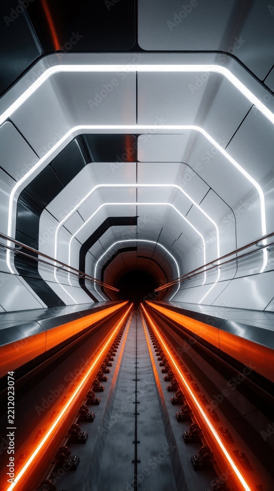 Fototapeta premium Futuristic high speed train tunnel with glowing orange tracks. Modern geometric architecture features white neon lights, dark walls. Underground transport passage leads to dark opening. Sleek subway