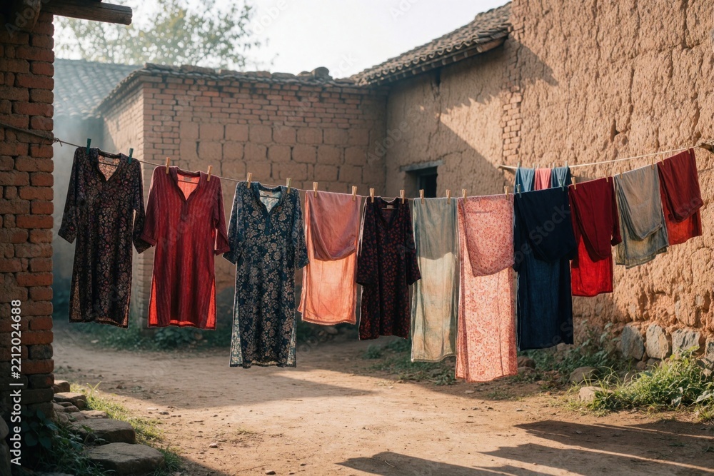 Obraz premium Colorful laundry hangs on rope line in rural village. Traditional clothes dry outside old brick house under morning sun. Various garments like dresses, shirts hang in courtyard near rustic dirt path.