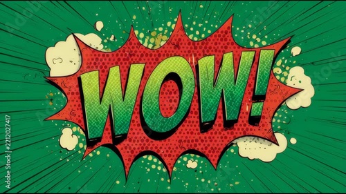 Wow Comic Speech Bubble Animated Retro Pop Art Graphic Illustration on Green Burst Background