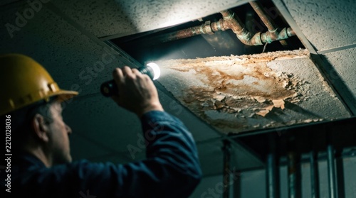 Facilities manager inspecting water damaged ceiling tile and corroded pipe fittings