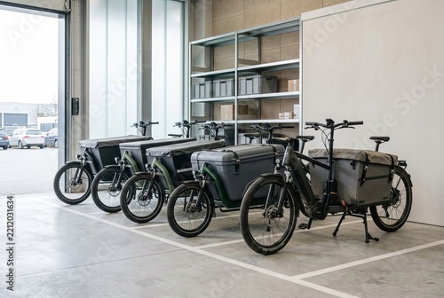 Row of Cargo Electric Bikes Parked Indoors.