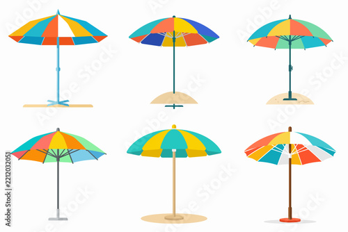 Set Of Colorful Striped Beach Umbrellas Flat Vector Illustration