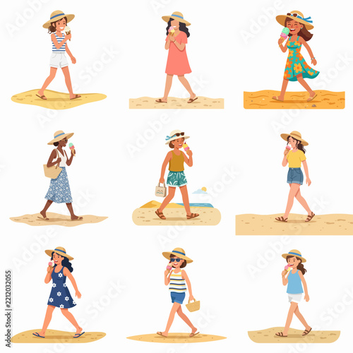 Flat Vector Set of Women Eating Ice Cream on Sandy Beach