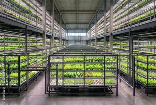 Vertical Indoor Farming System with Rows of Green Plants Under Artificial Lights.