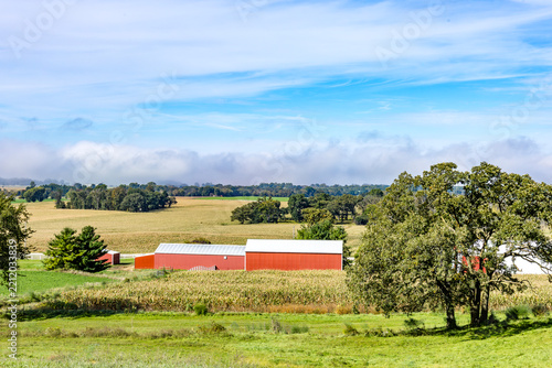 Red farm sheds and a farm landscape in the autumn. 