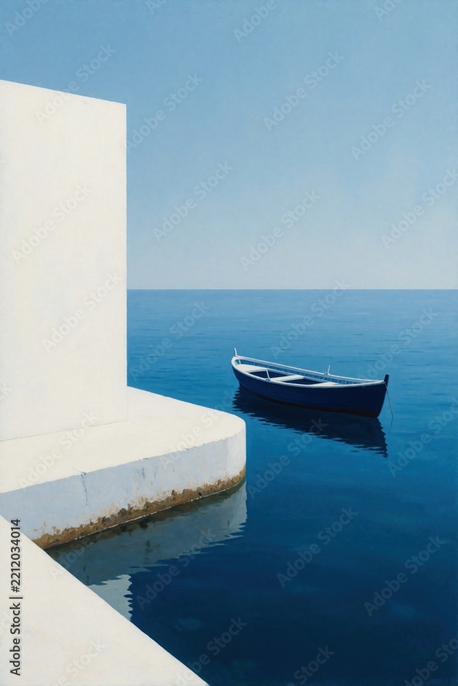 Fototapeta premium Minimalist illustration of blue boat floating on calm sea water. White concrete pier, building stand against clear sky. Peaceful Mediterranean coast landscape with simple architecture, ocean view.