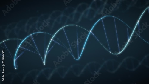 Rotating DNA Double Helix with Glowing Strands and Base Pairs seamless loop in cool cyan tones