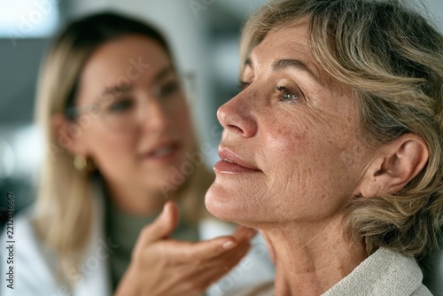 Mature woman consulting a female skincare specialist at a beauty clinic