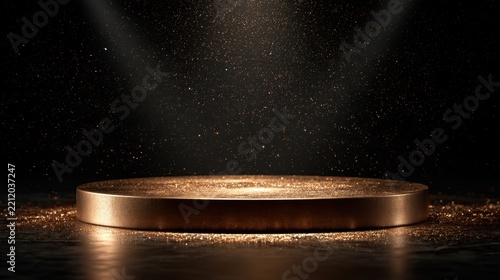 Golden podium illuminated by sparkling glitter against a dramatic black background