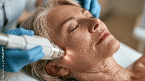 Mature woman receiving a professional facial skin rejuvenation treatment in a beauty clinic