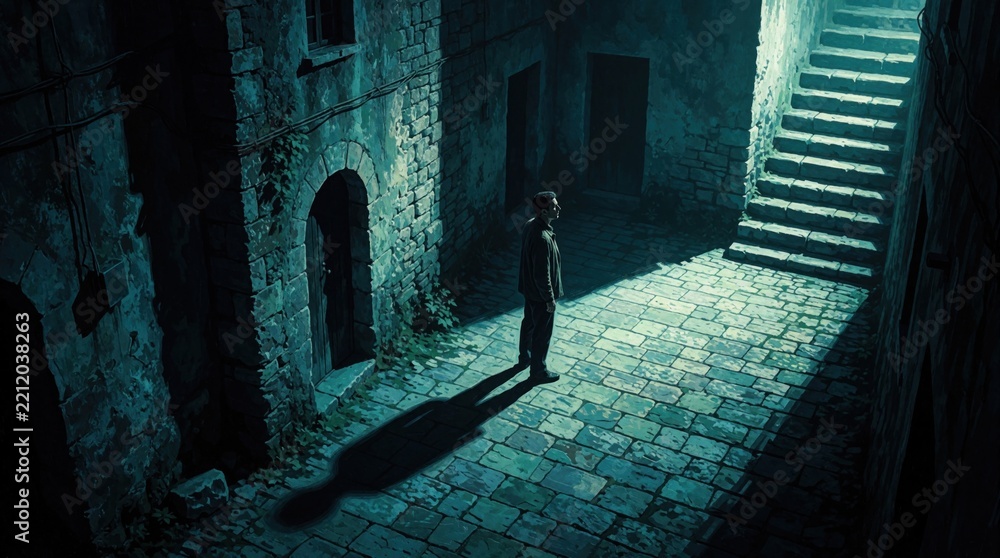 Fototapeta premium Lonely man stands in narrow dark alleyway with stone walls. Strong light from stairs creates long shadow on cobblestone ground. Male person looks into distance in urban city street. Mysterious