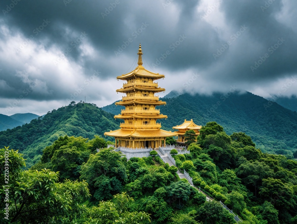 Obraz premium Golden multi tiered pagoda stands on rich green mountain hill. Ornate buddhist temple architecture sits under dramatic cloudy sky. Scenic landscape with forest trees, misty mountains provides