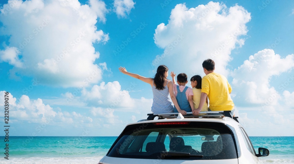Naklejka premium Happy Asian family sits on car roof during summer road trip. Parents, kids enjoy view of blue sea, tropical beach. Children wave arms at sunny sky. Group travels together for fun holiday vacation on