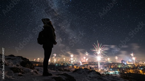 Woman silhouetted against starry sky watching fireworks over city at night