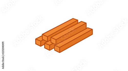 Isometric view of stacked wooden lumber beams.