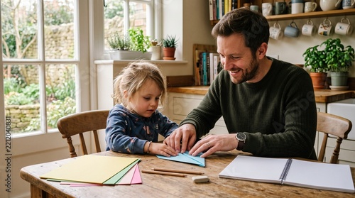 Father Guiding Young Child Folding Paper Airplane at Home