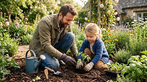 Father Guiding Young Child Planting Seedling in Home Garden