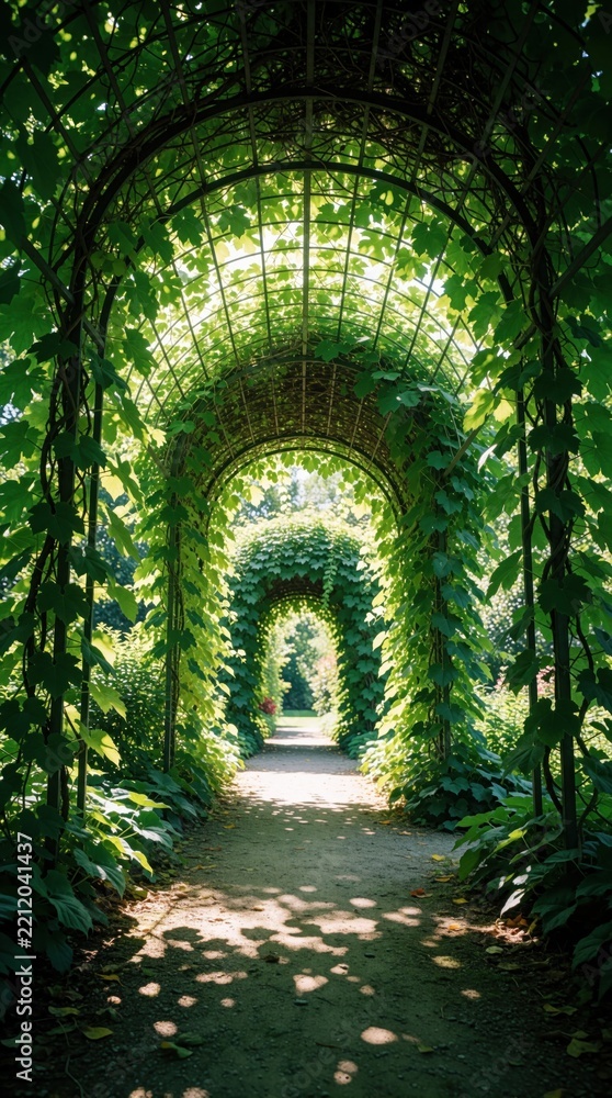 Fototapeta premium Green vine leaves cover metal garden archway creating shaded tunnel walkway. Foliage forms natural canopy over dirt path in summer park. Peaceful outdoor landscape with ornamental trellis provides