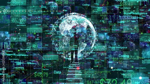 Super Intelligence technology background. A man in front of a global monitor is analyzing a flow of SI data for investment opportunity.