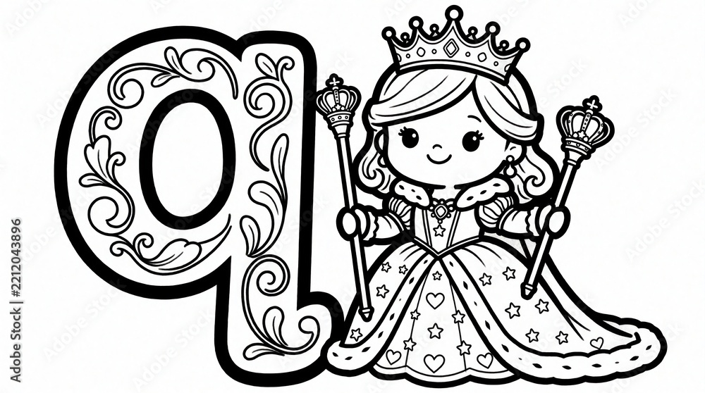 Obraz premium Coloring page for kids featuring letter Q, cute queen. Little princess wears crown, holds scepter. Black, white line art drawing for alphabet learning. Children activity book page with royal