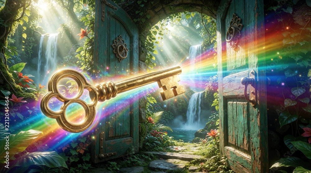 Fototapeta premium Large golden key floats in front of open wooden doors to magical garden. Vibrant rainbow light beams through tropical jungle with waterfalls, plants. Fantasy concept of secret paradise, adventure,
