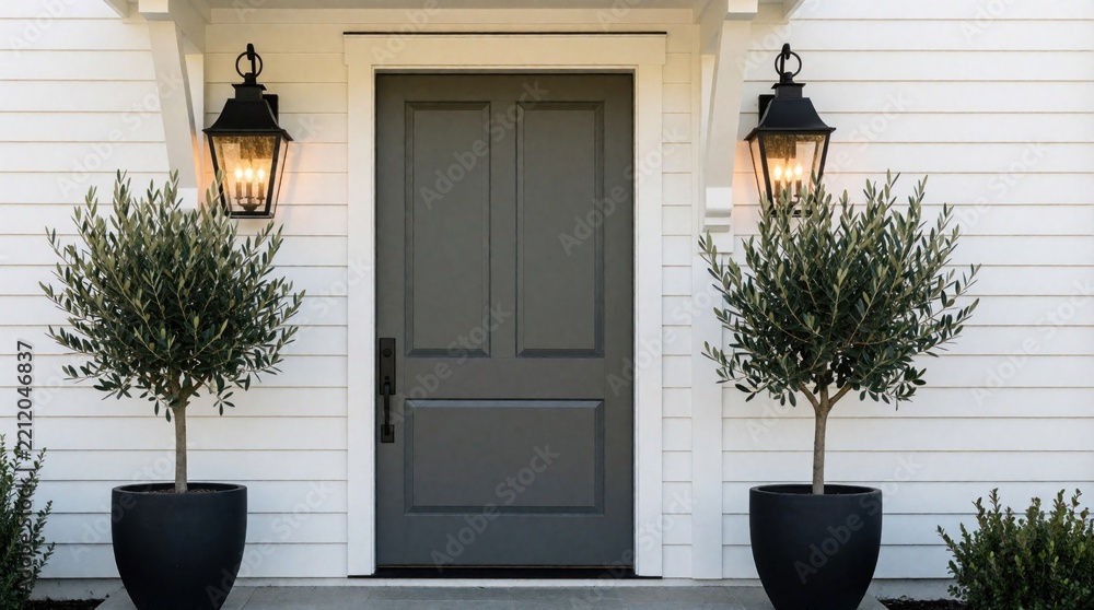 Fototapeta premium Modern farmhouse entrance features gray front door with black handle. Two olive trees in large black pots flank entrance. Stylish black lantern lights hang on white siding wall. Elegant porch design