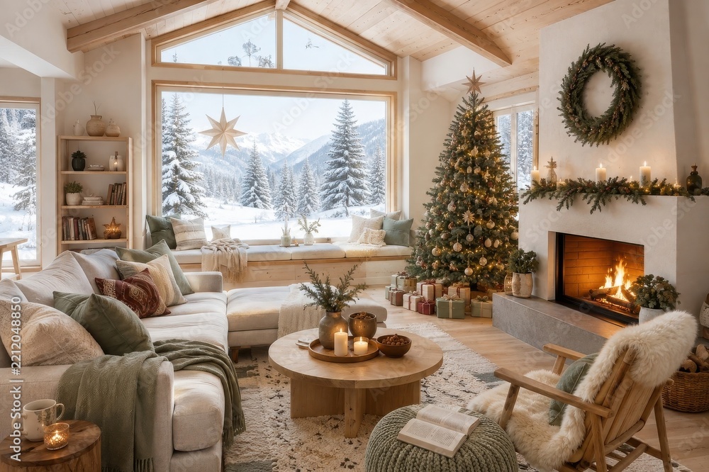 Naklejka premium Cozy Christmas living room with fireplace, tree, snowy view